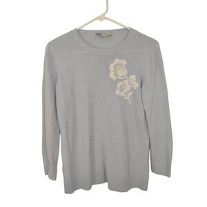 Loft‎ Embroidered Flower Blue Sweater Medium Lightweight Classic Preppy Cottage
